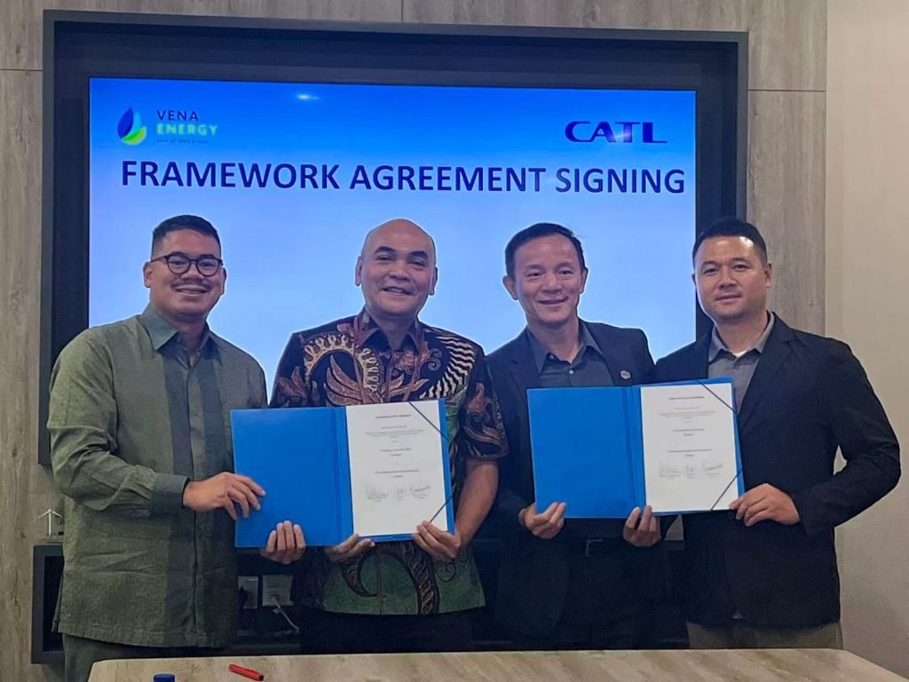 Vena Energy and CATL executives at framework agreement signing for Indonesia–Singapore battery energy storage project