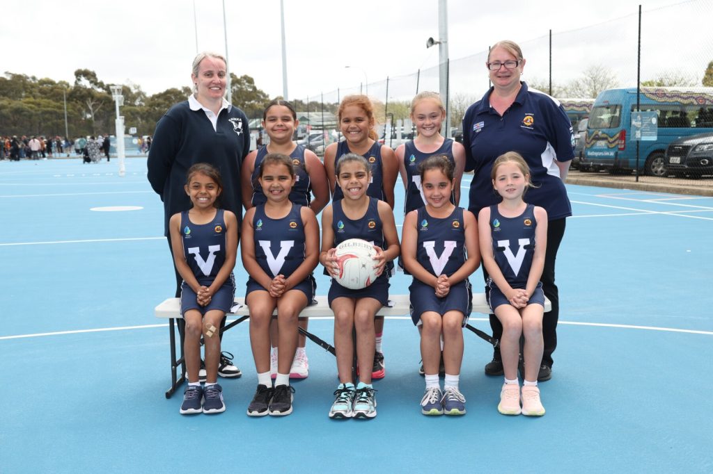 The Under 9s Raukkan Football and Netball Club team sporting their new uniforms at the South Australian Football and Netball Sports Carnival.
